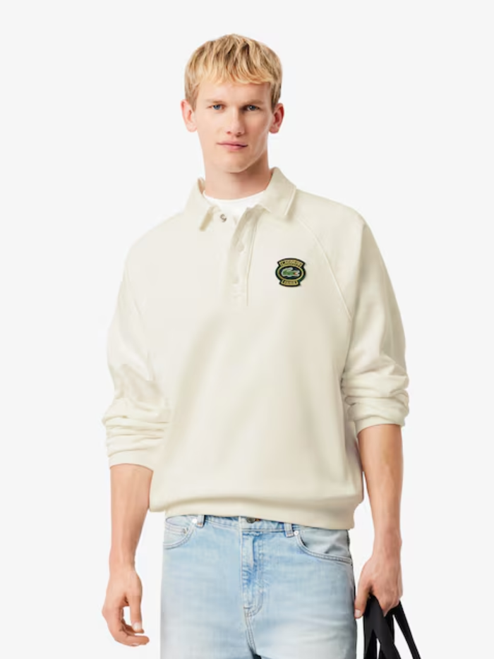 LACOSTE Loose Fit Polo Collar Fleece Sweatshirt White - MAISONDEFASHION.COM