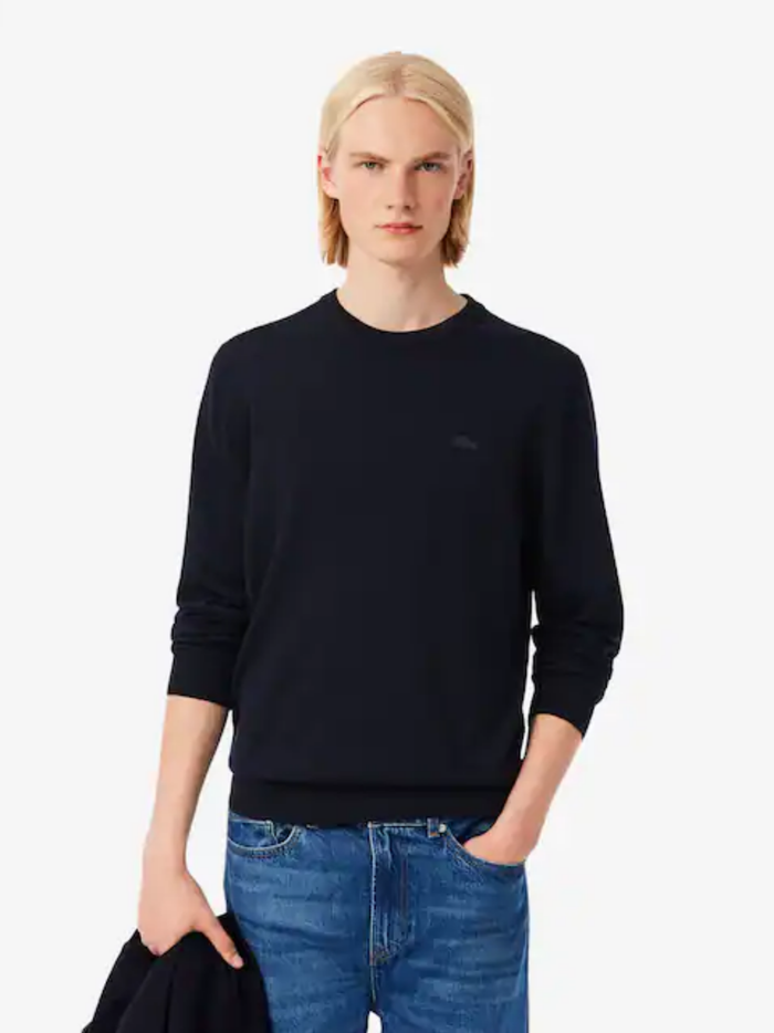 LACOSTE Merino Wool Crew Neck Sweater Midnight Blue - MAISONDEFASHION.COM