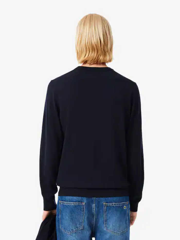 LACOSTE Merino Wool Crew Neck Sweater Midnight Blue - MAISONDEFASHION.COM