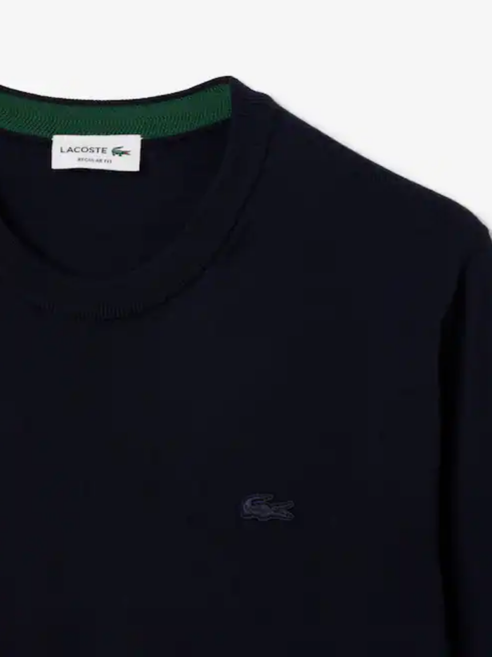 LACOSTE Merino Wool Crew Neck Sweater Midnight Blue - MAISONDEFASHION.COM