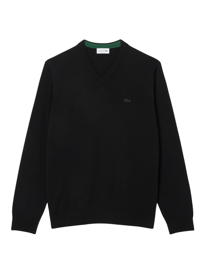 LACOSTE Merino Wool Monochrome V Neck Sweater Black - MAISONDEFASHION.COM