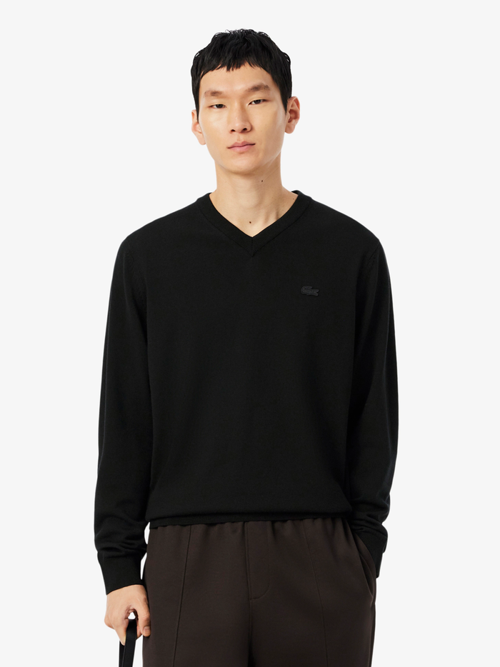 LACOSTE Merino Wool Monochrome V Neck Sweater Black - MAISONDEFASHION.COM