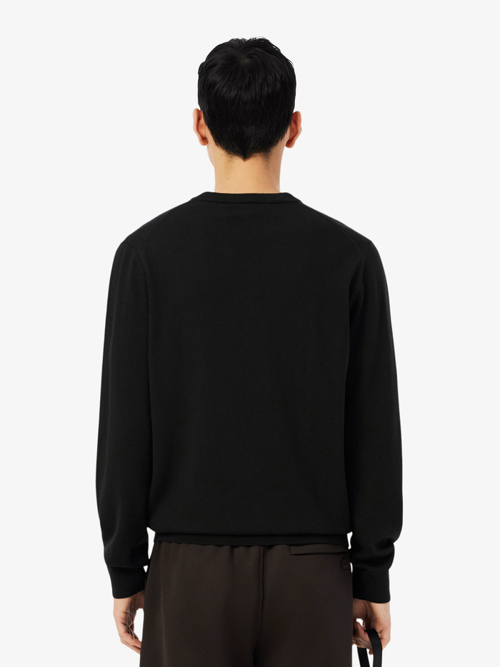 LACOSTE Merino Wool Monochrome V Neck Sweater Black - MAISONDEFASHION.COM