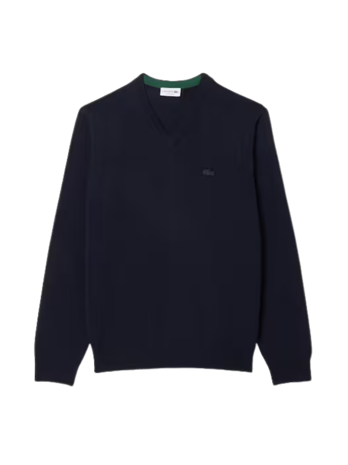 LACOSTE Merino Wool Monochrome V Neck Sweater Midnight Blue - MAISONDEFASHION.COM