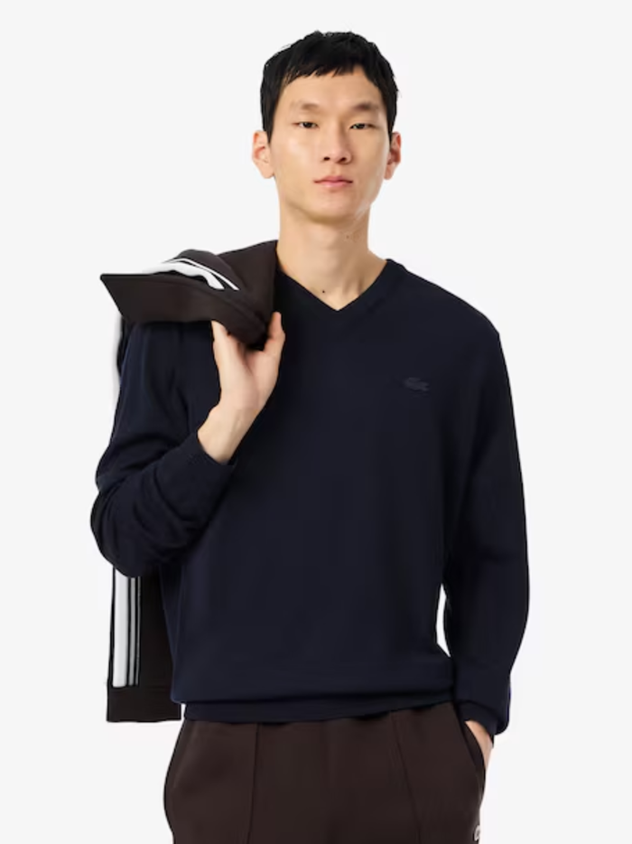 LACOSTE Merino Wool Monochrome V Neck Sweater Midnight Blue - MAISONDEFASHION.COM