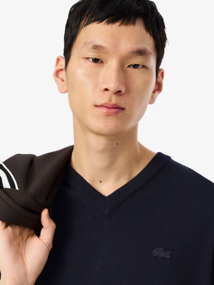 LACOSTE Merino Wool Monochrome V Neck Sweater Midnight Blue - MAISONDEFASHION.COM