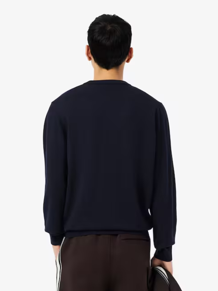 LACOSTE Merino Wool Monochrome V Neck Sweater Midnight Blue - MAISONDEFASHION.COM