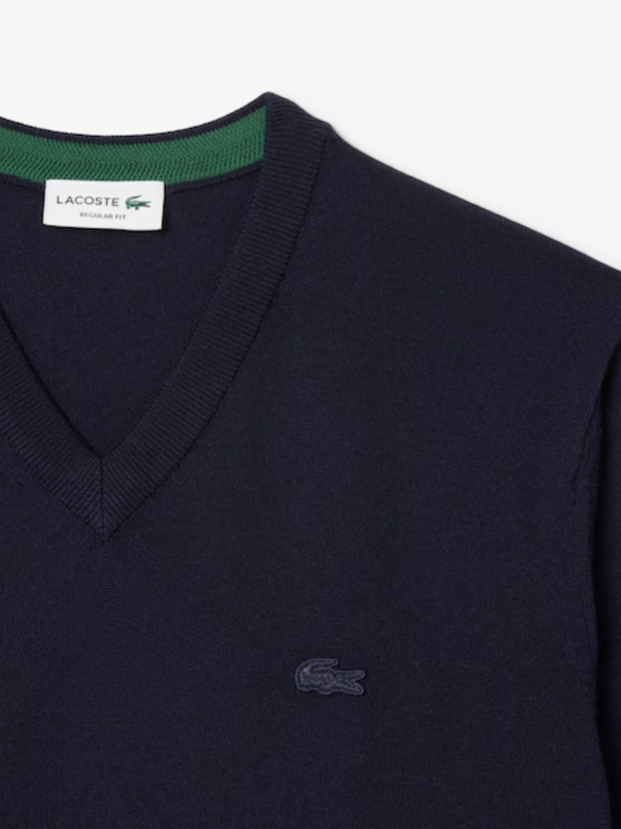 LACOSTE Merino Wool Monochrome V Neck Sweater Midnight Blue - MAISONDEFASHION.COM