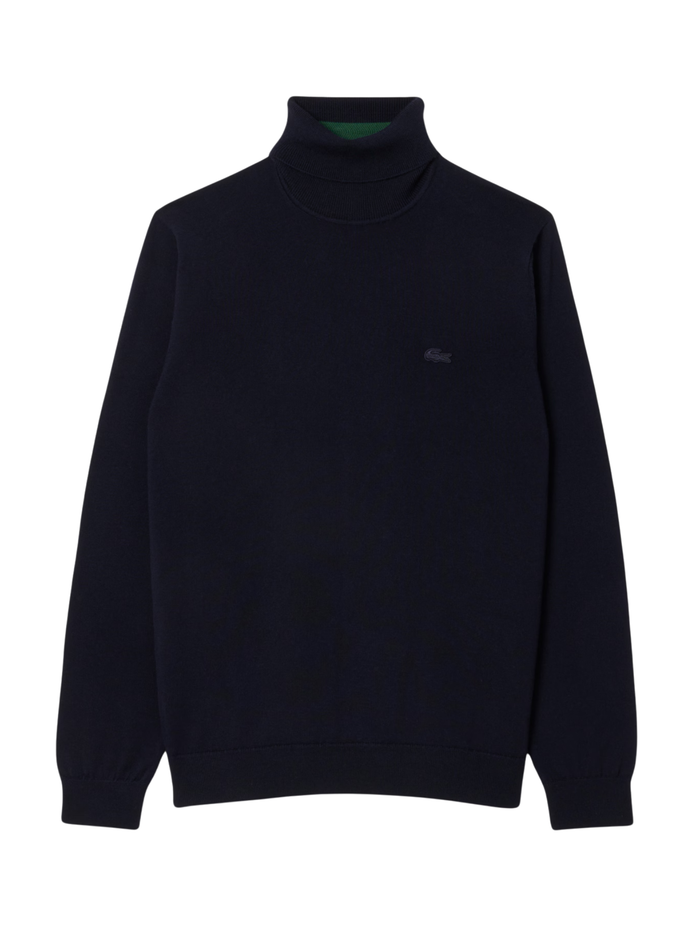 LACOSTE Merino Wool Roll Neck Sweater Midnight Blue - MAISONDEFASHION.COM