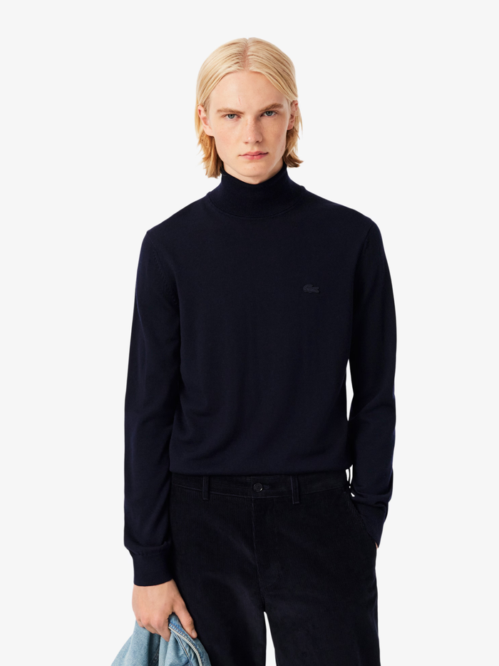 LACOSTE Merino Wool Roll Neck Sweater Midnight Blue - MAISONDEFASHION.COM