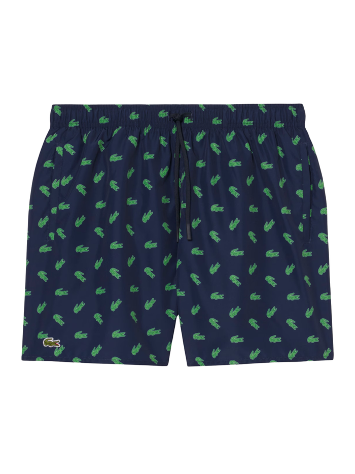 LACOSTE Mid Length Crocodile Print Swim Trunks Midnight Blue