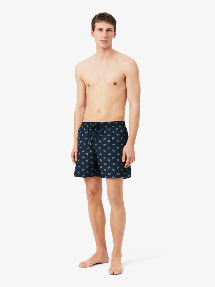 LACOSTE Mid Length Crocodile Print Swim Trunks Midnight Blue
