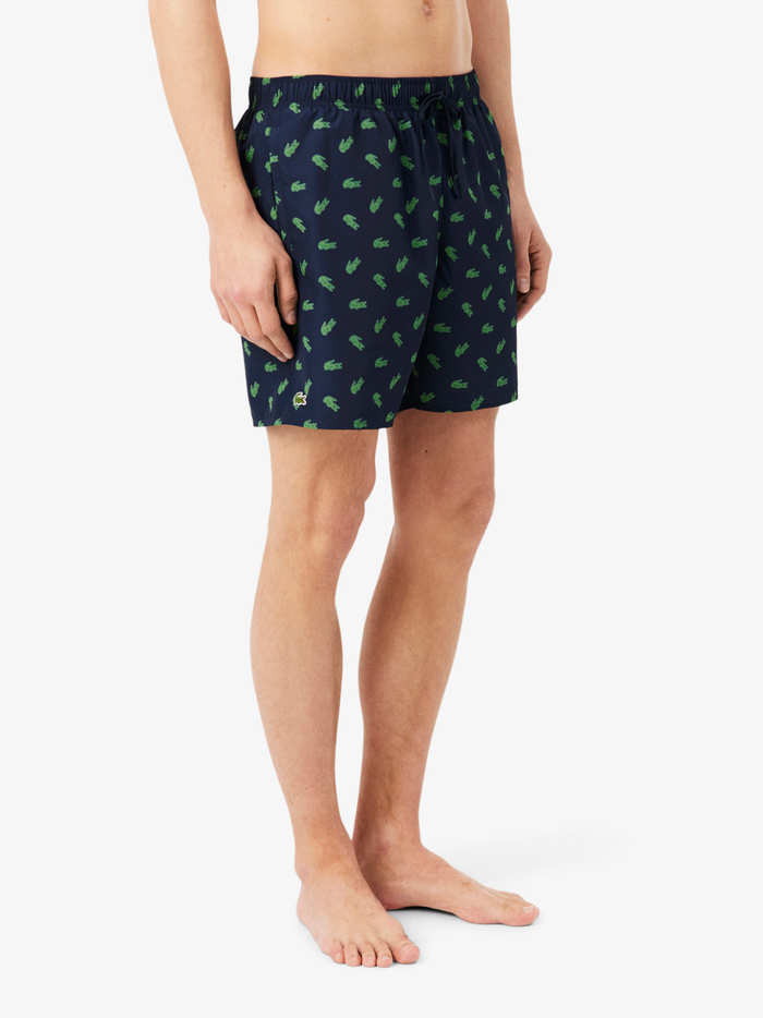 LACOSTE Mid Length Crocodile Print Swim Trunks Midnight Blue