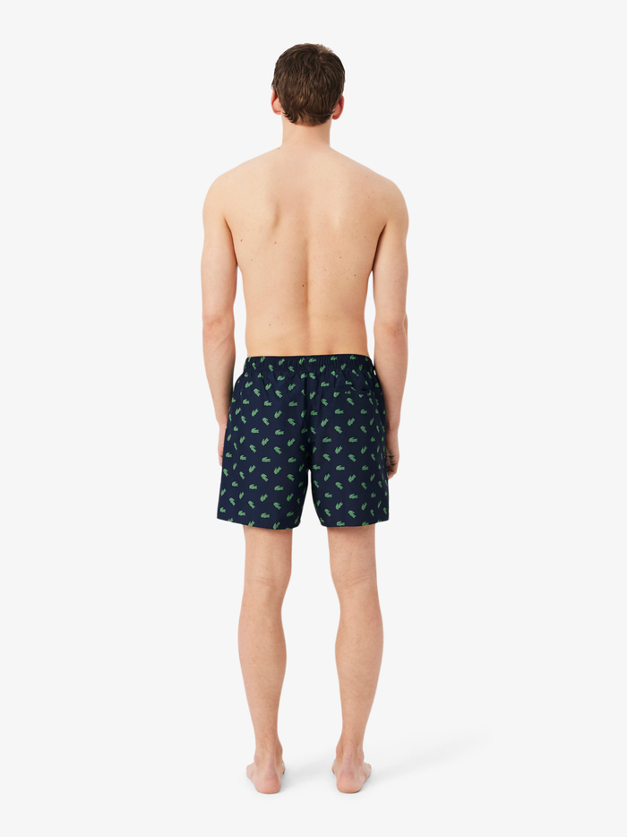 LACOSTE Mid Length Crocodile Print Swim Trunks Midnight Blue