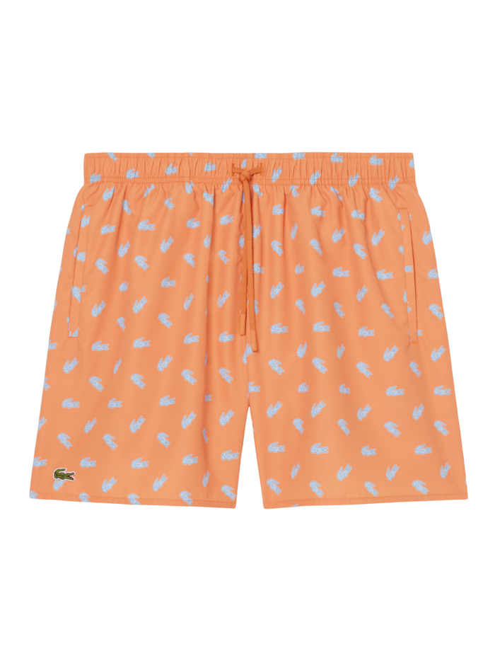 LACOSTE Mid Length Crocodile Print Swim Trunks Orange