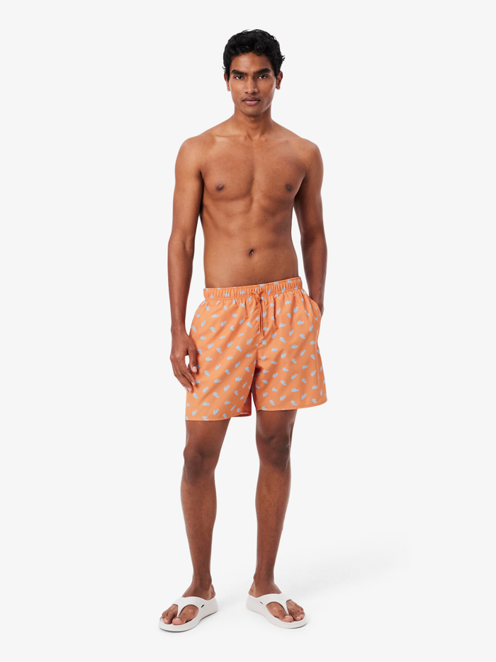 LACOSTE Mid Length Crocodile Print Swim Trunks Orange