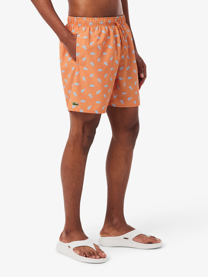 LACOSTE Mid Length Crocodile Print Swim Trunks Orange