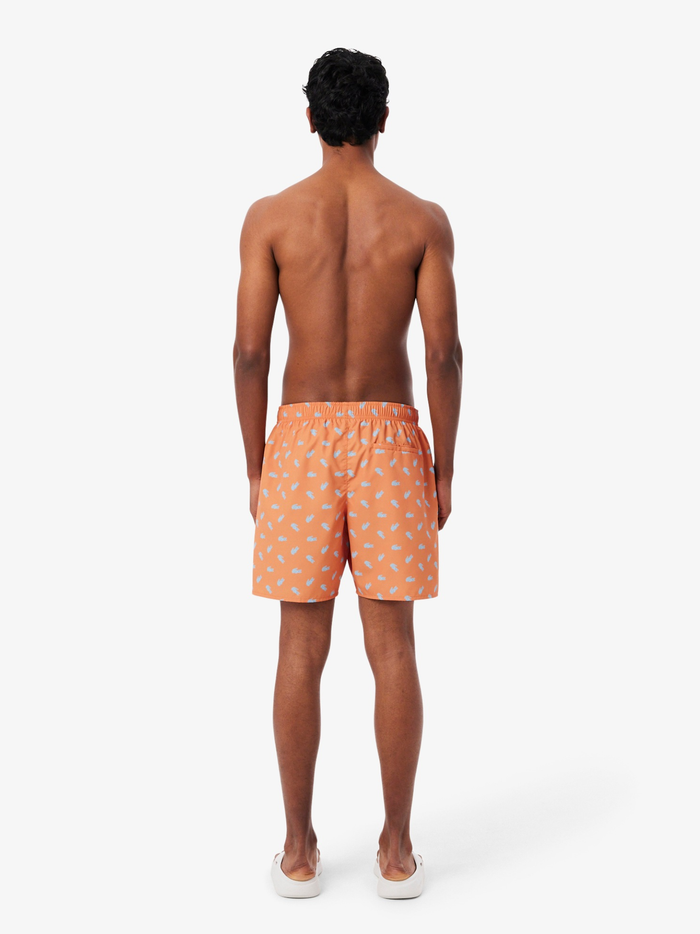 LACOSTE Mid Length Crocodile Print Swim Trunks Orange