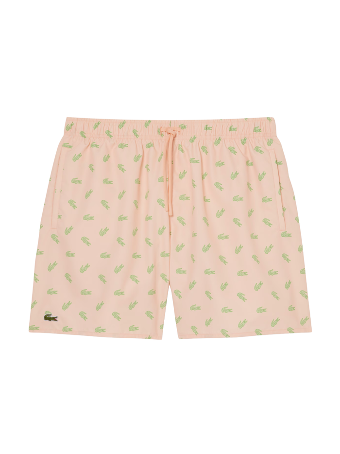 LACOSTE Mid Length Crocodile Print Swim Trunks Peach Pink