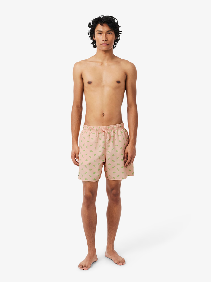 LACOSTE Mid Length Crocodile Print Swim Trunks Peach Pink