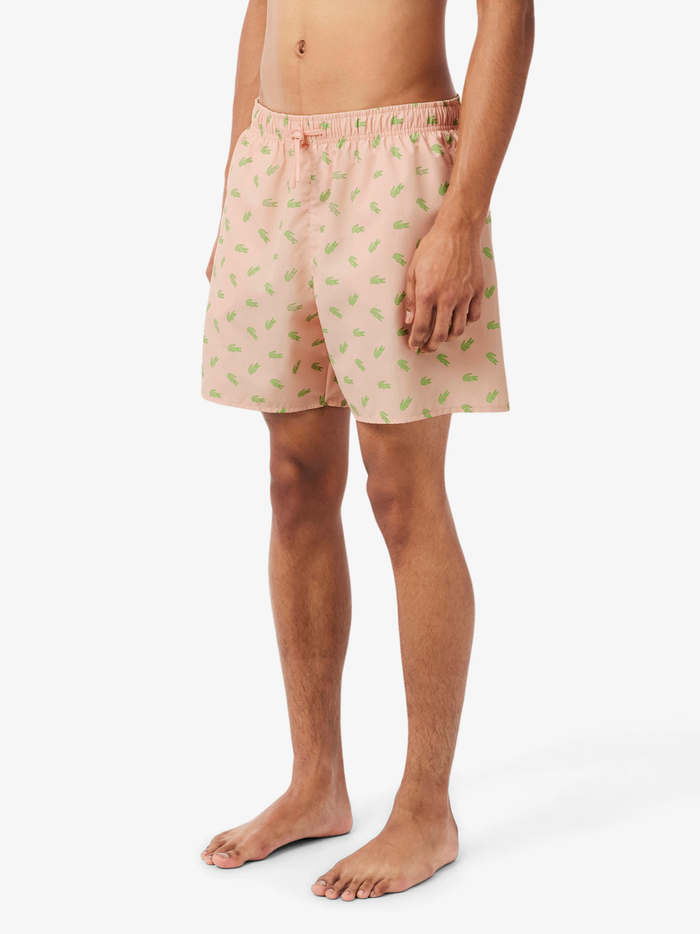 LACOSTE Mid Length Crocodile Print Swim Trunks Peach Pink