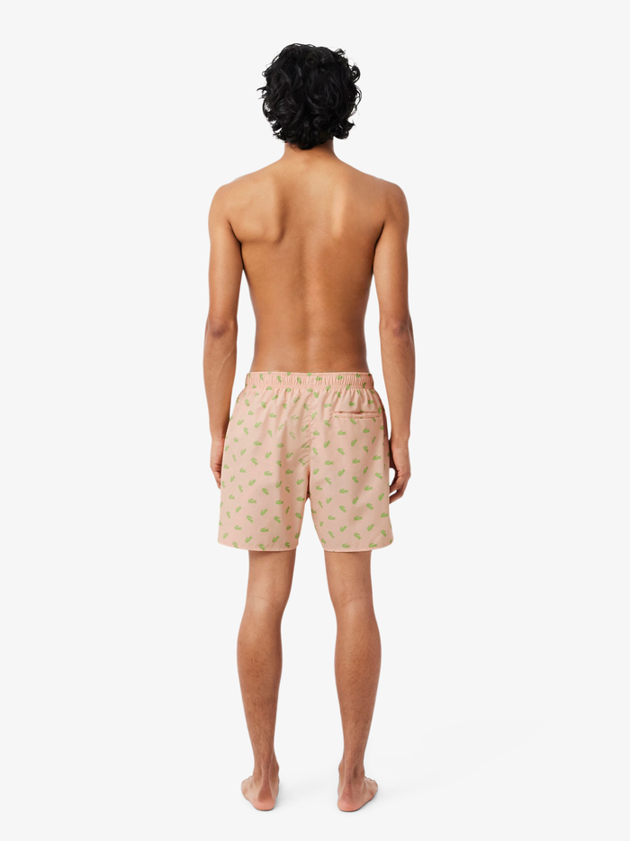 LACOSTE Mid Length Crocodile Print Swim Trunks Peach Pink
