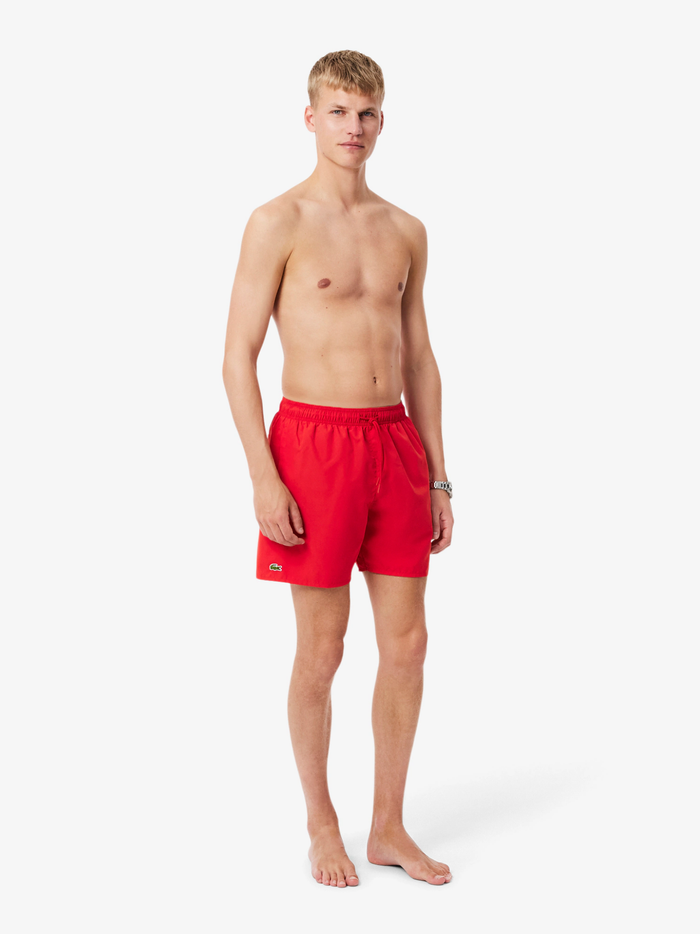 LACOSTE Mid Length Monochrome Swim Trunks Red - MAISONDEFASHION.COM