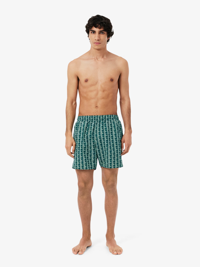 LACOSTE Mid Length Monogram Print Swim Trunks Green