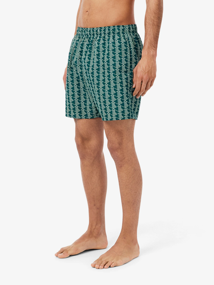 LACOSTE Mid Length Monogram Print Swim Trunks Green