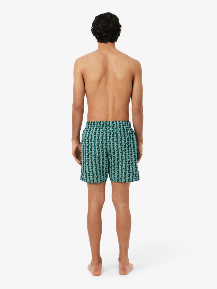 LACOSTE Mid Length Monogram Print Swim Trunks Green