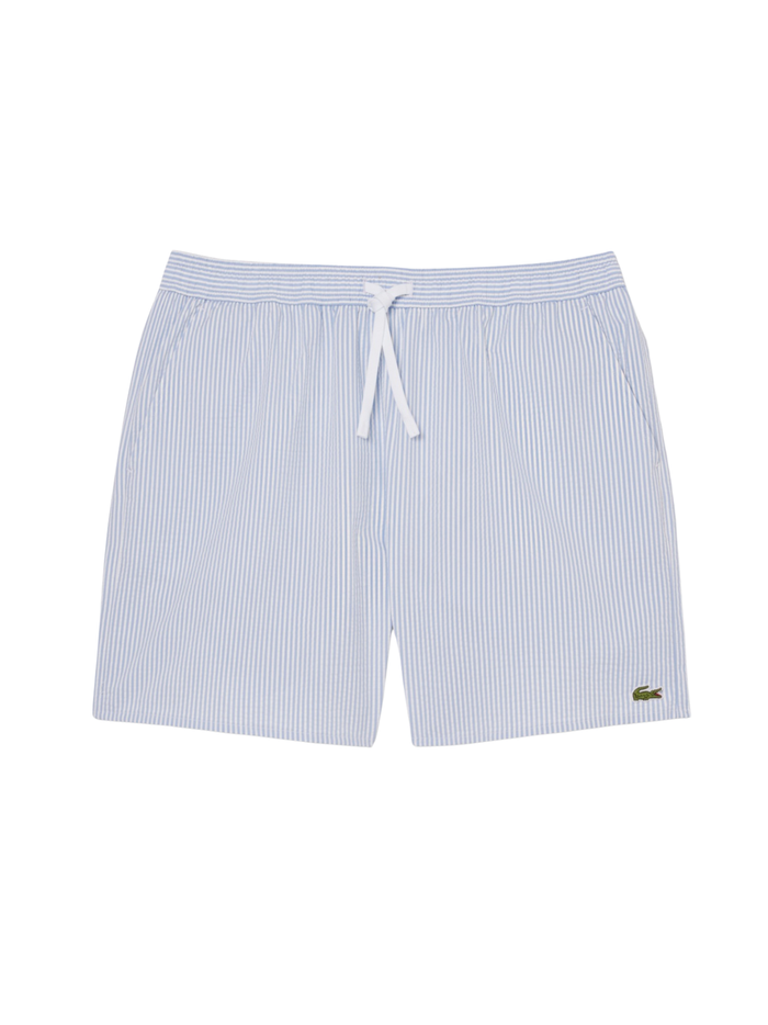 LACOSTE Mid Length Striped Textured Swim Trunks White/Light Blue - MAISONDEFASHION.COM