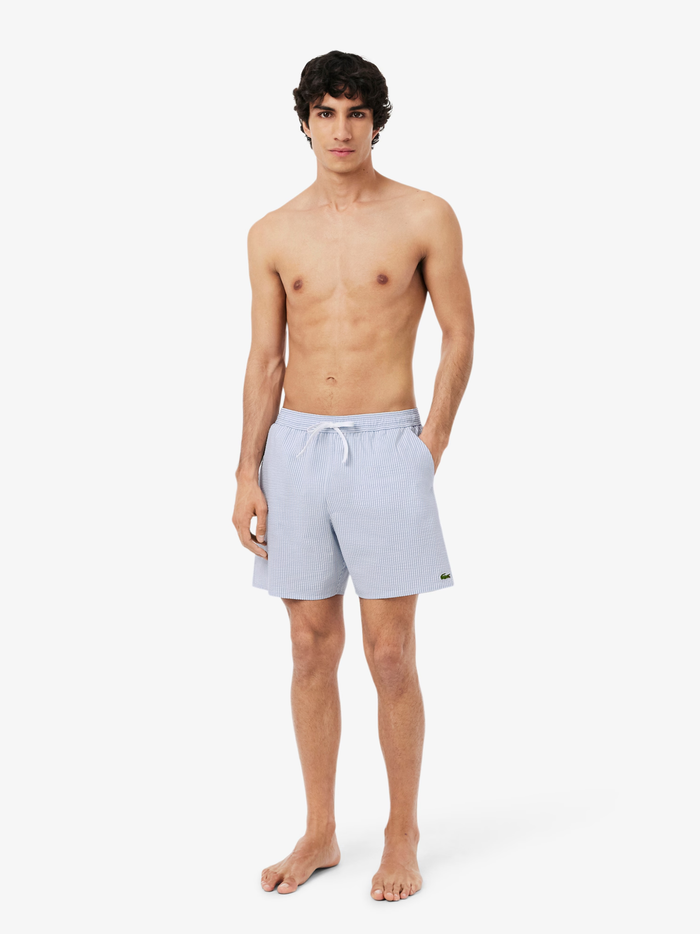 LACOSTE Mid Length Striped Textured Swim Trunks White/Light Blue - MAISONDEFASHION.COM