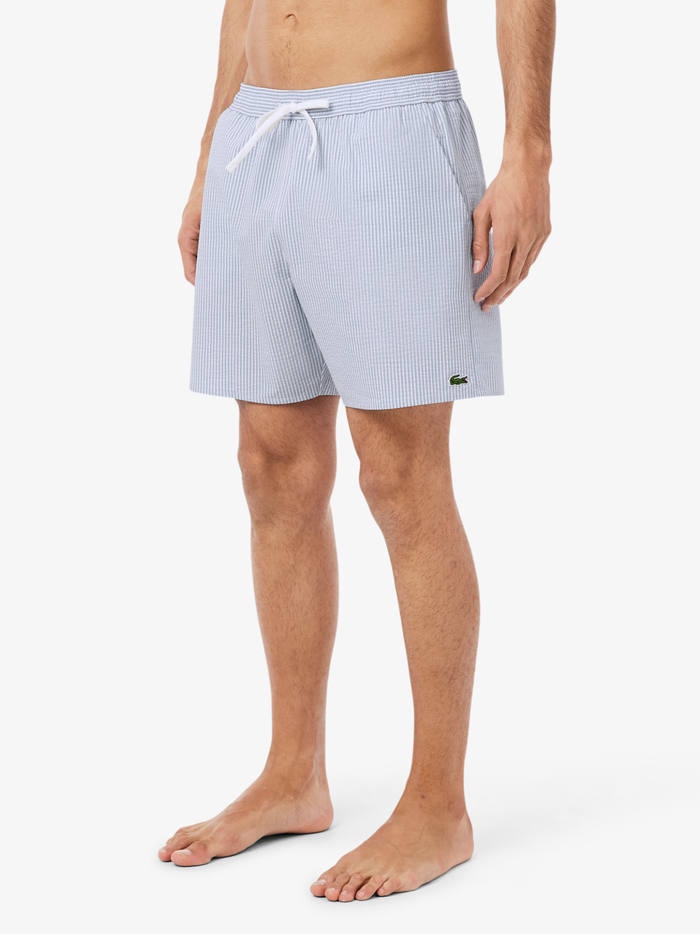 LACOSTE Mid Length Striped Textured Swim Trunks White/Light Blue - MAISONDEFASHION.COM