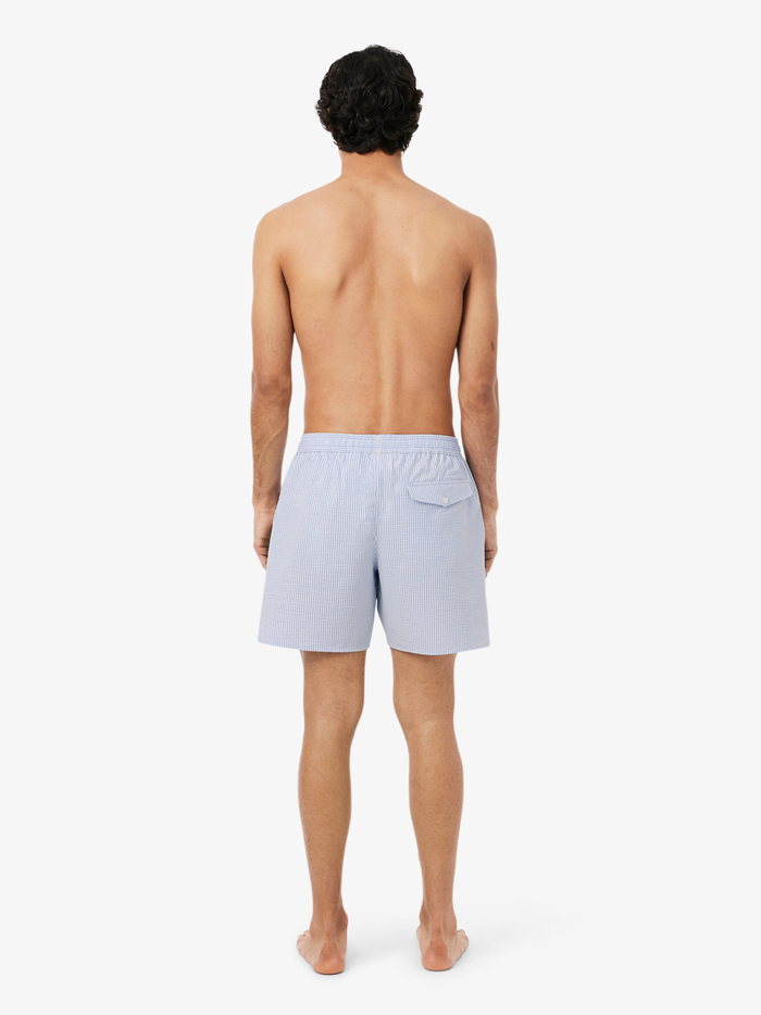 LACOSTE Mid Length Striped Textured Swim Trunks White/Light Blue - MAISONDEFASHION.COM