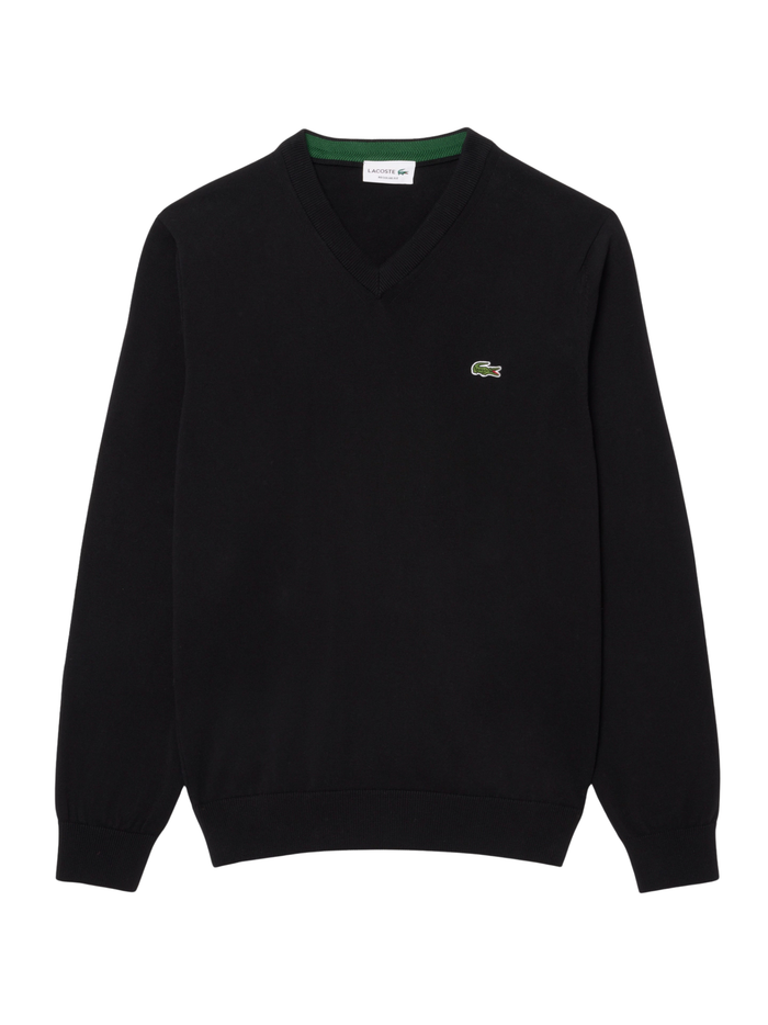 LACOSTE Monochrome Cotton V-neck Sweater Black - MAISONDEFASHION.COM