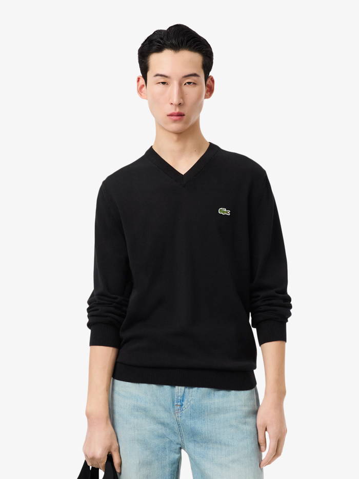 LACOSTE Monochrome Cotton V-neck Sweater Black - MAISONDEFASHION.COM