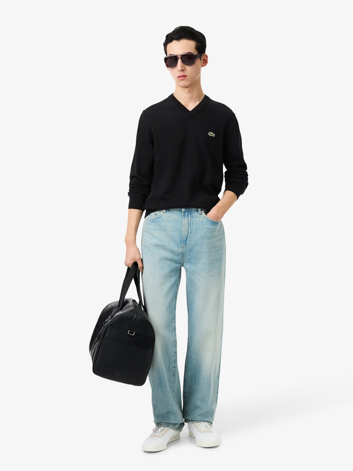 LACOSTE Monochrome Cotton V-neck Sweater Black - MAISONDEFASHION.COM