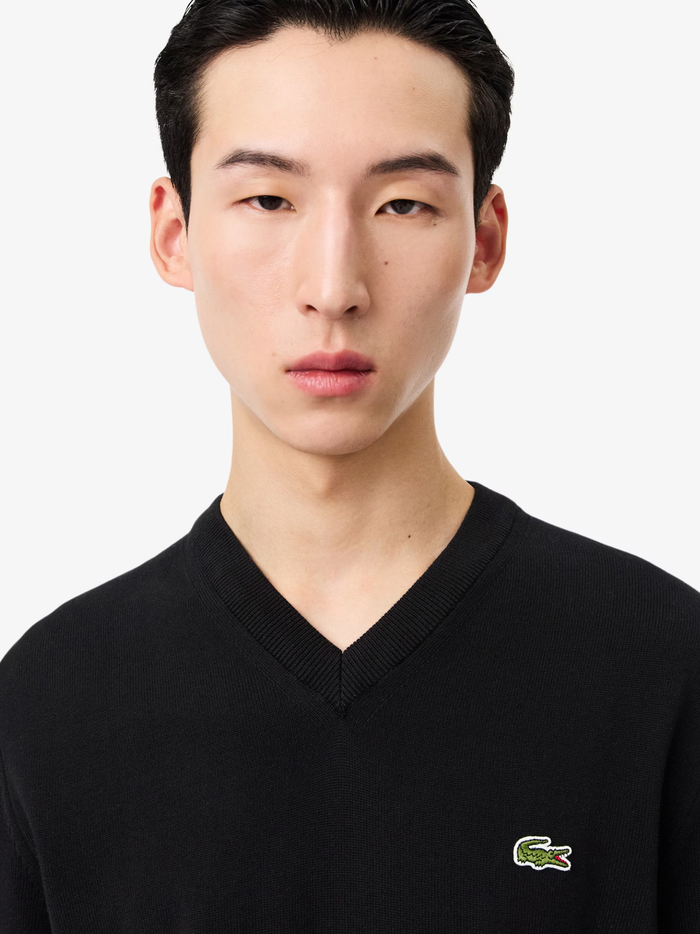LACOSTE Monochrome Cotton V-neck Sweater Black - MAISONDEFASHION.COM