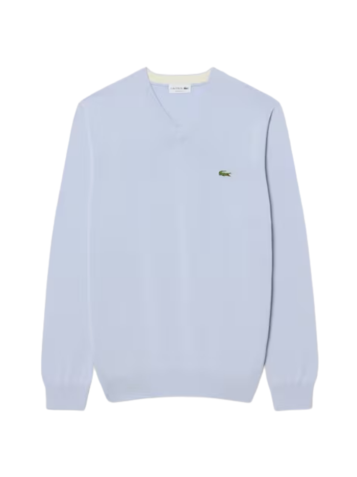 LACOSTE Monochrome Cotton V-neck Sweater Light Blue - MAISONDEFASHION.COM