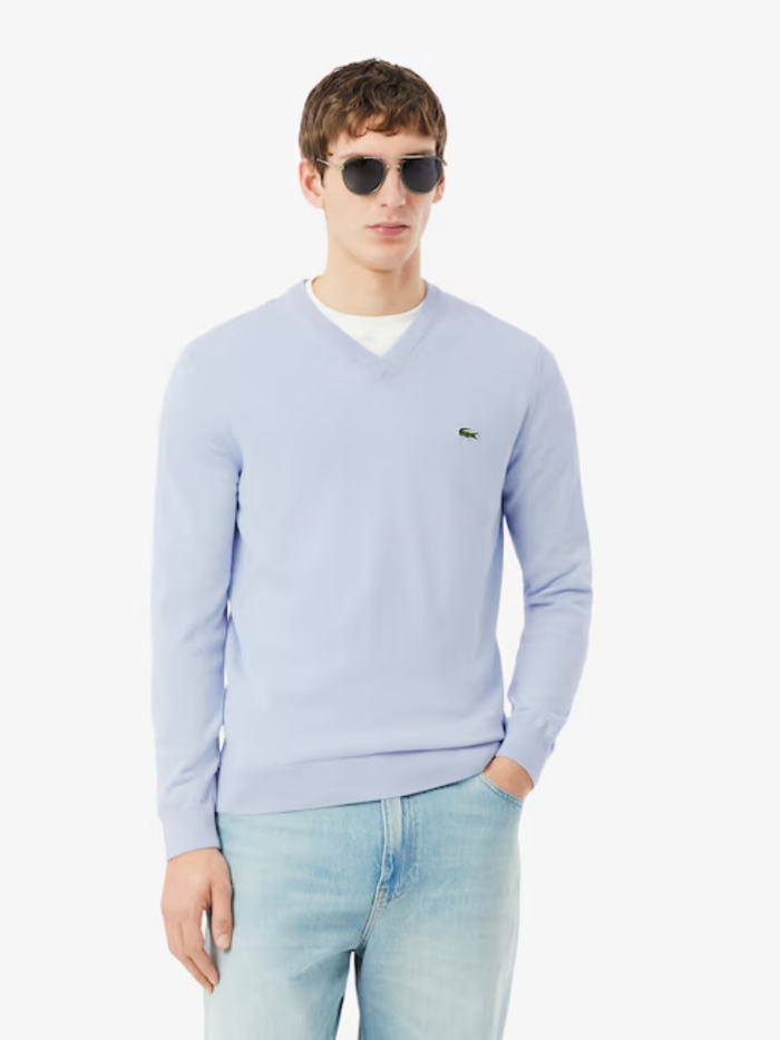 LACOSTE Monochrome Cotton V-neck Sweater Light Blue - MAISONDEFASHION.COM
