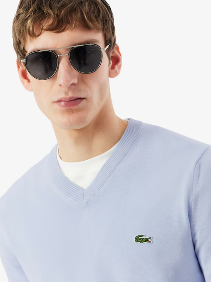 LACOSTE Monochrome Cotton V-neck Sweater Light Blue - MAISONDEFASHION.COM