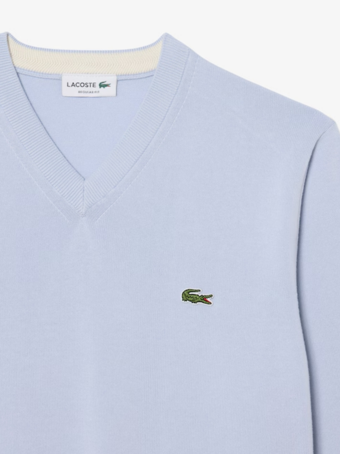 LACOSTE Monochrome Cotton V-neck Sweater Light Blue - MAISONDEFASHION.COM