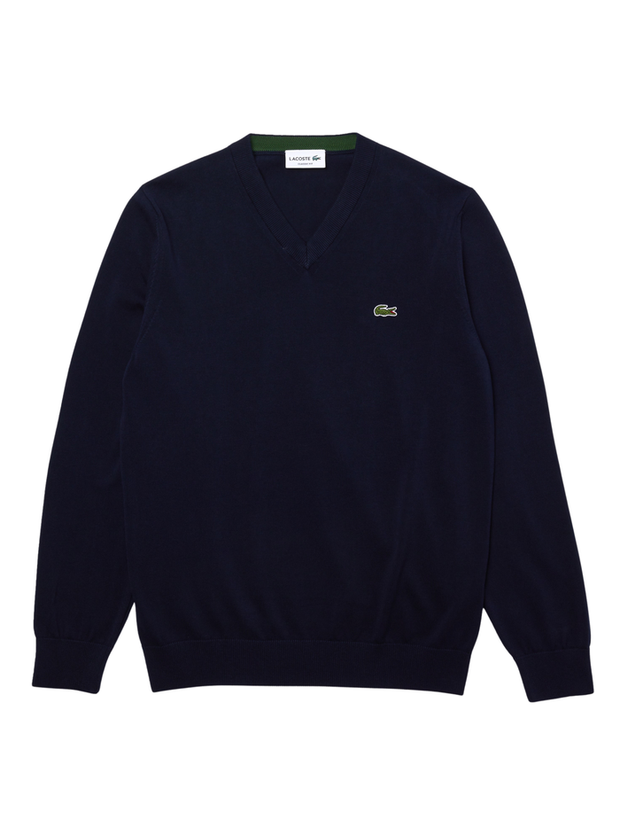 LACOSTE Monochrome Cotton V-neck Sweater Midnight Blue - MAISONDEFASHION.COM