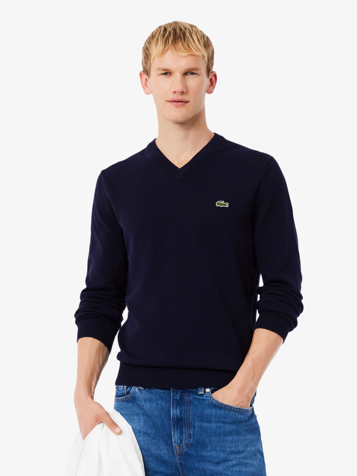 LACOSTE Monochrome Cotton V-neck Sweater Midnight Blue - MAISONDEFASHION.COM
