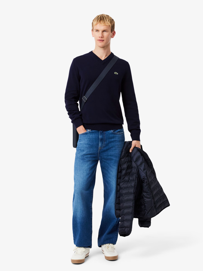 LACOSTE Monochrome Cotton V-neck Sweater Midnight Blue - MAISONDEFASHION.COM