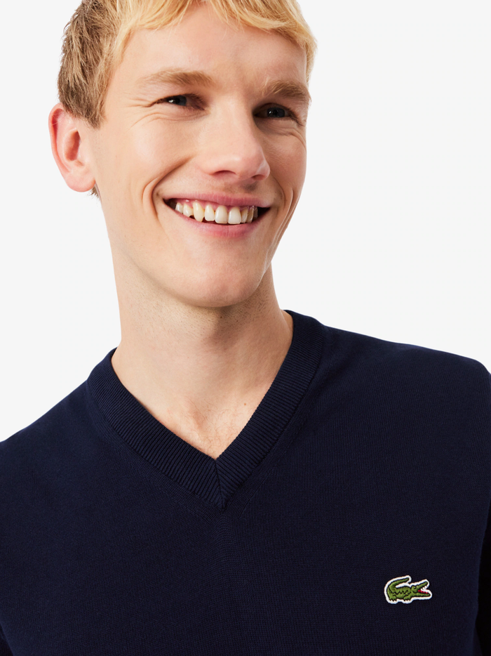 LACOSTE Monochrome Cotton V-neck Sweater Midnight Blue - MAISONDEFASHION.COM