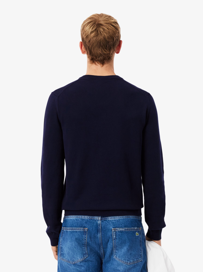 LACOSTE Monochrome Cotton V-neck Sweater Midnight Blue - MAISONDEFASHION.COM