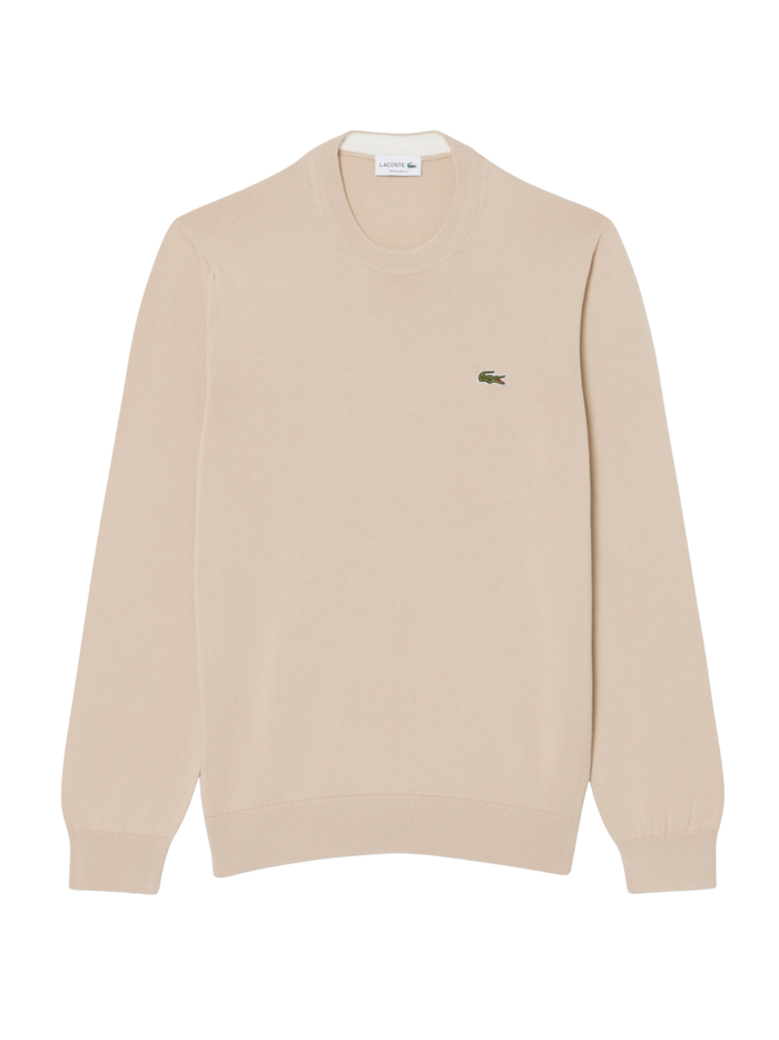 LACOSTE Monochrome Crew Neck Cotton Sweater Beige - MAISONDEFASHION.COM