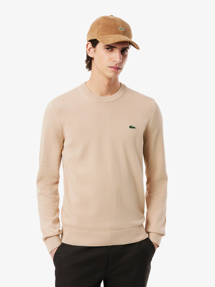 LACOSTE Monochrome Crew Neck Cotton Sweater Beige - MAISONDEFASHION.COM