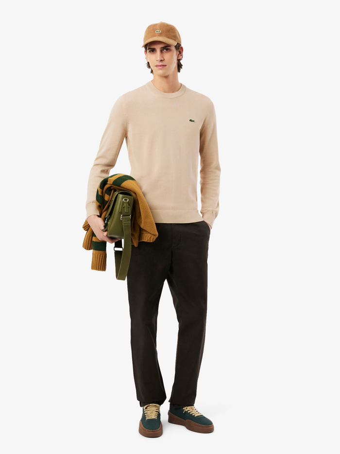 LACOSTE Monochrome Crew Neck Cotton Sweater Beige - MAISONDEFASHION.COM